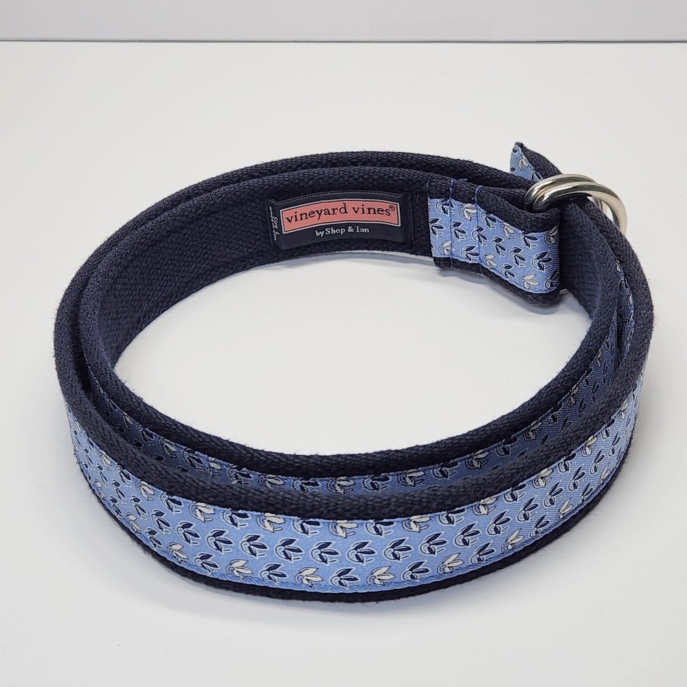 Vineyard Vines Belt Mens L Blue Animal Print D Ring Cotton Webbed Silk Trim